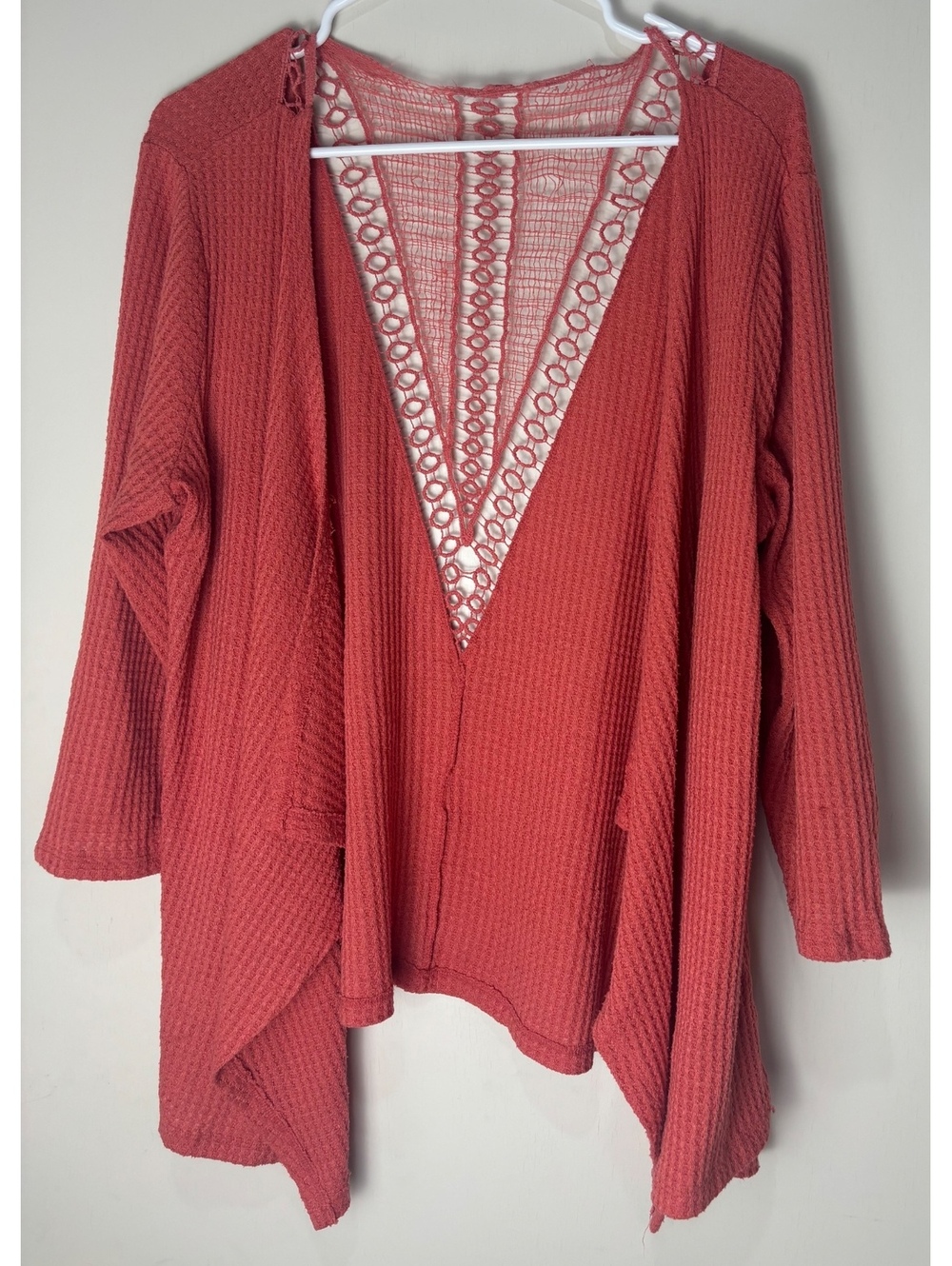 Women’s Boho Western Cardigan Crochet Back Rust Coral Open Front Duster